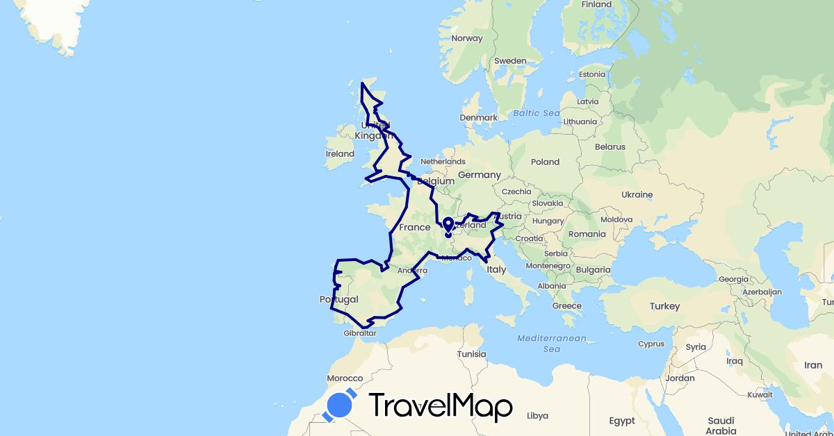 TravelMap itinerary: driving in Andorra, Austria, Belgium, Switzerland, Germany, Spain, France, United Kingdom, Italy, Monaco, Portugal (Europe)